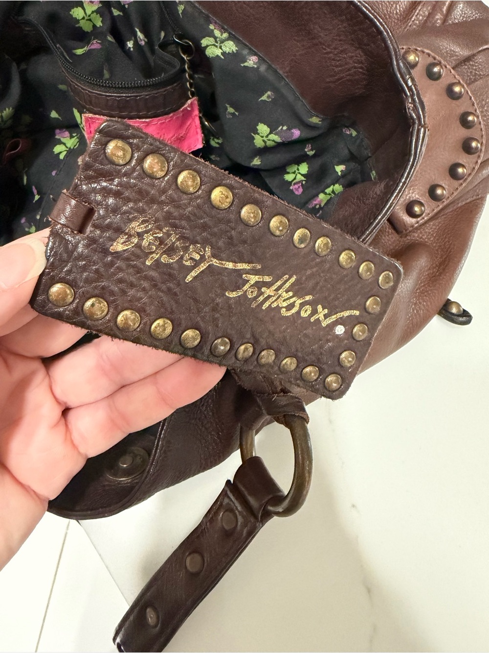 Betsey Johnson Brown Leather Heart Bowler Hobo Bag Large Studded - Picture 12 of 16